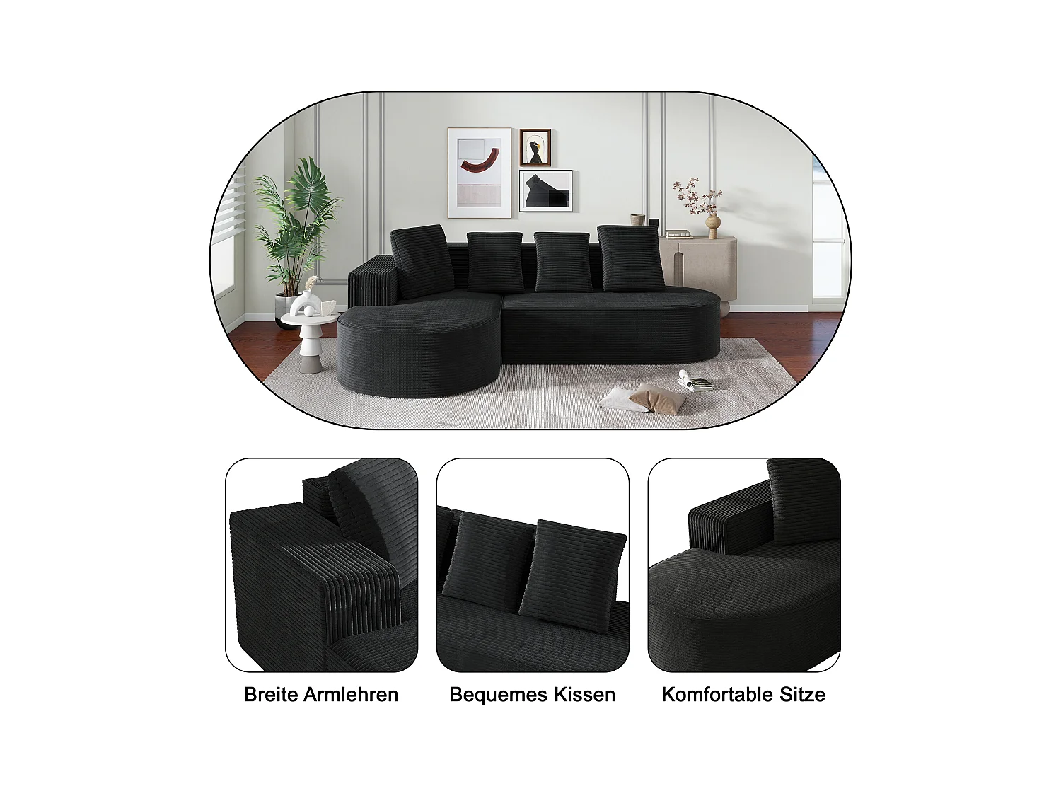Modulaire bank met L-vormige relaxfauteuils, modern design, fluwelen stof, grijs en goud, (265x67x40,5 cm)
