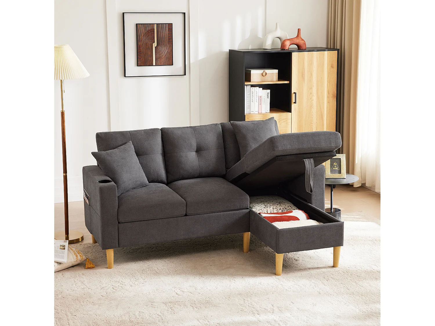 Moderno sofá esquinero de 3 plazas con chaise longue, espacio de almacenaje, portavasos, 2 cojines incluidos, tejido de algodón y lino, gris claro (175x129x90 cm)