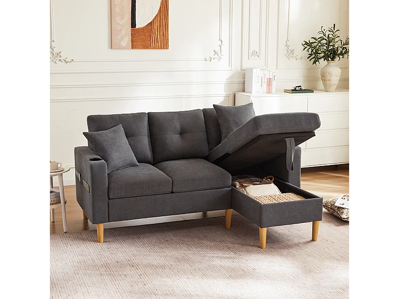 Moderno sofá esquinero de 3 plazas con chaise longue, espacio de almacenaje, portavasos, 2 cojines incluidos, tejido de algodón y lino, gris claro (175x129x90 cm)