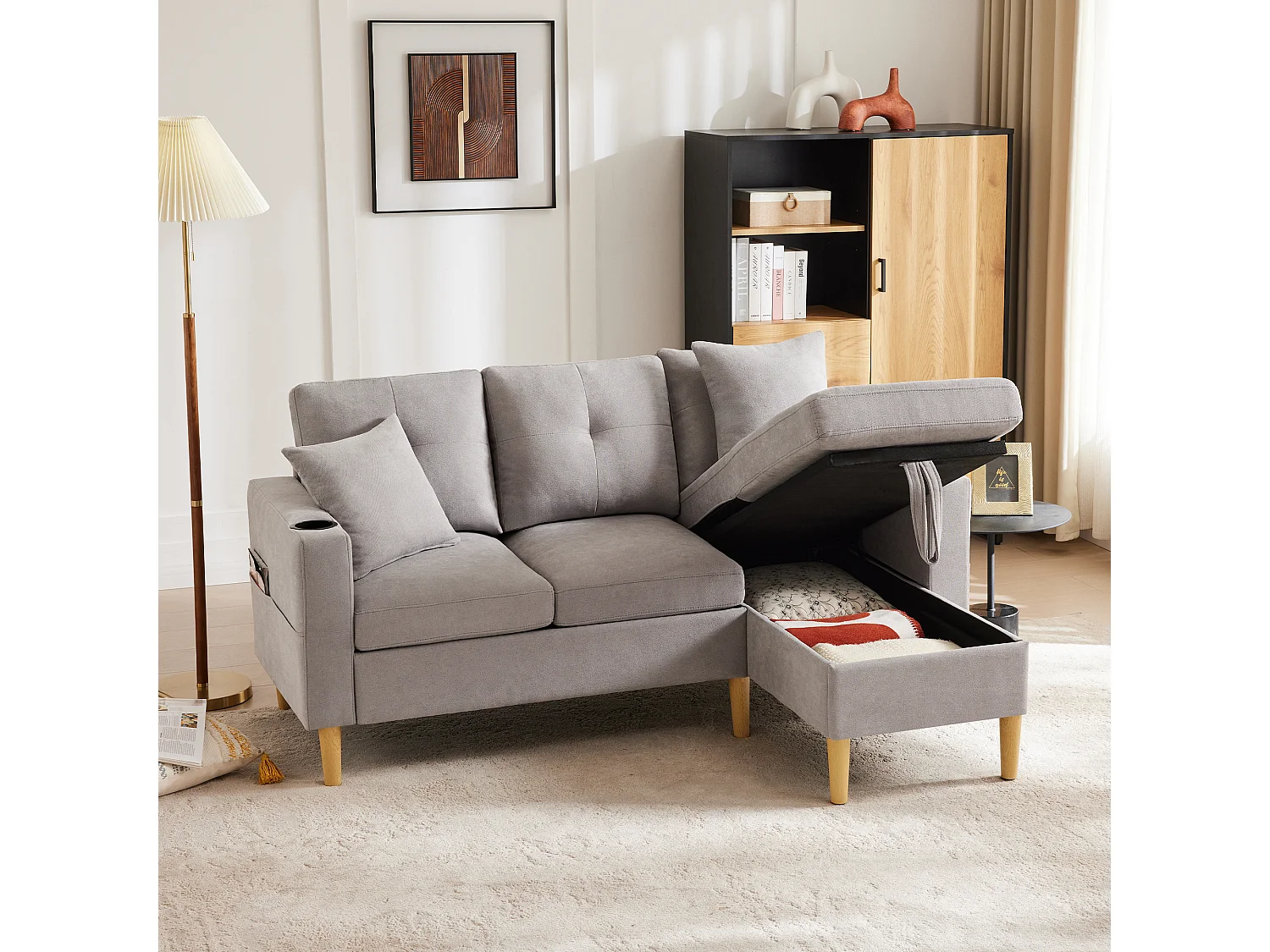 3-zits hoekbank met chaise longue, stof katoen linnen, lichtgrijs, geïntegreerde opbergruimte en bekerhouders (175x129x90cm)