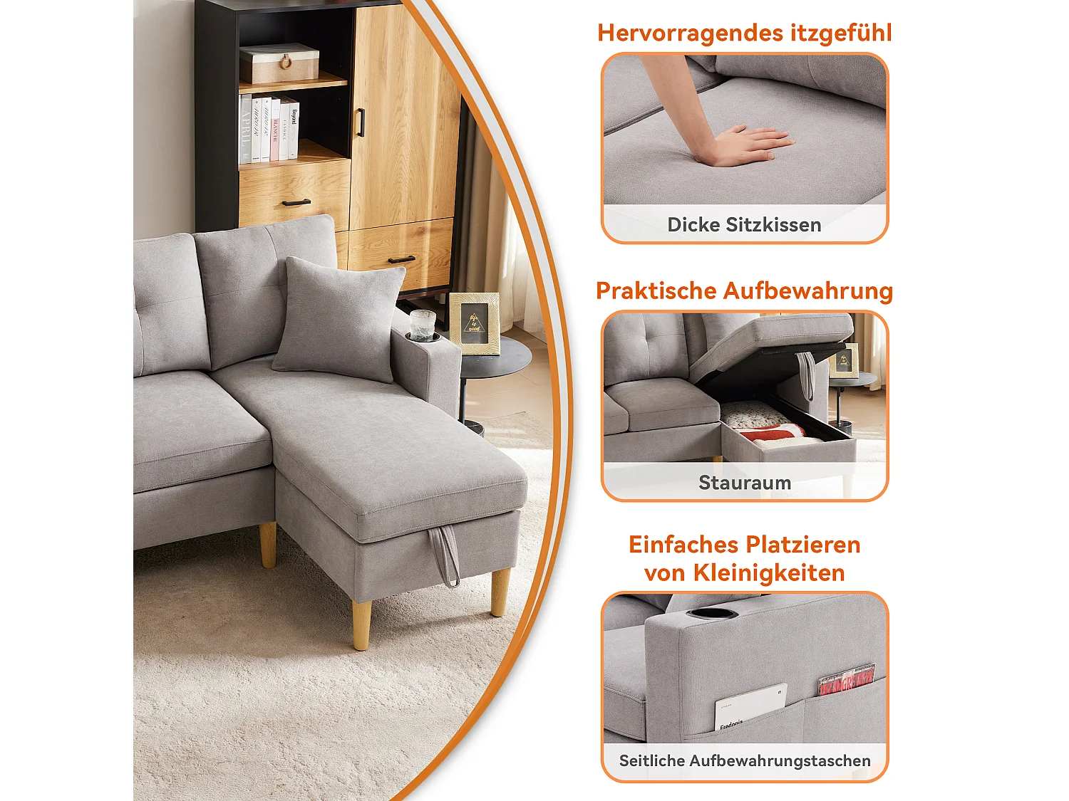 3-zits hoekbank met chaise longue, stof katoen linnen, lichtgrijs, geïntegreerde opbergruimte en bekerhouders (175x129x90cm)