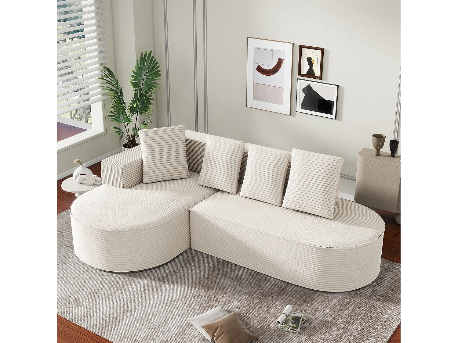 Combinación de sofá modular Cloud + L-Lounge, diseño moderno, tejido de pana, color blanco, con cojines (265x67x40,5 cm)