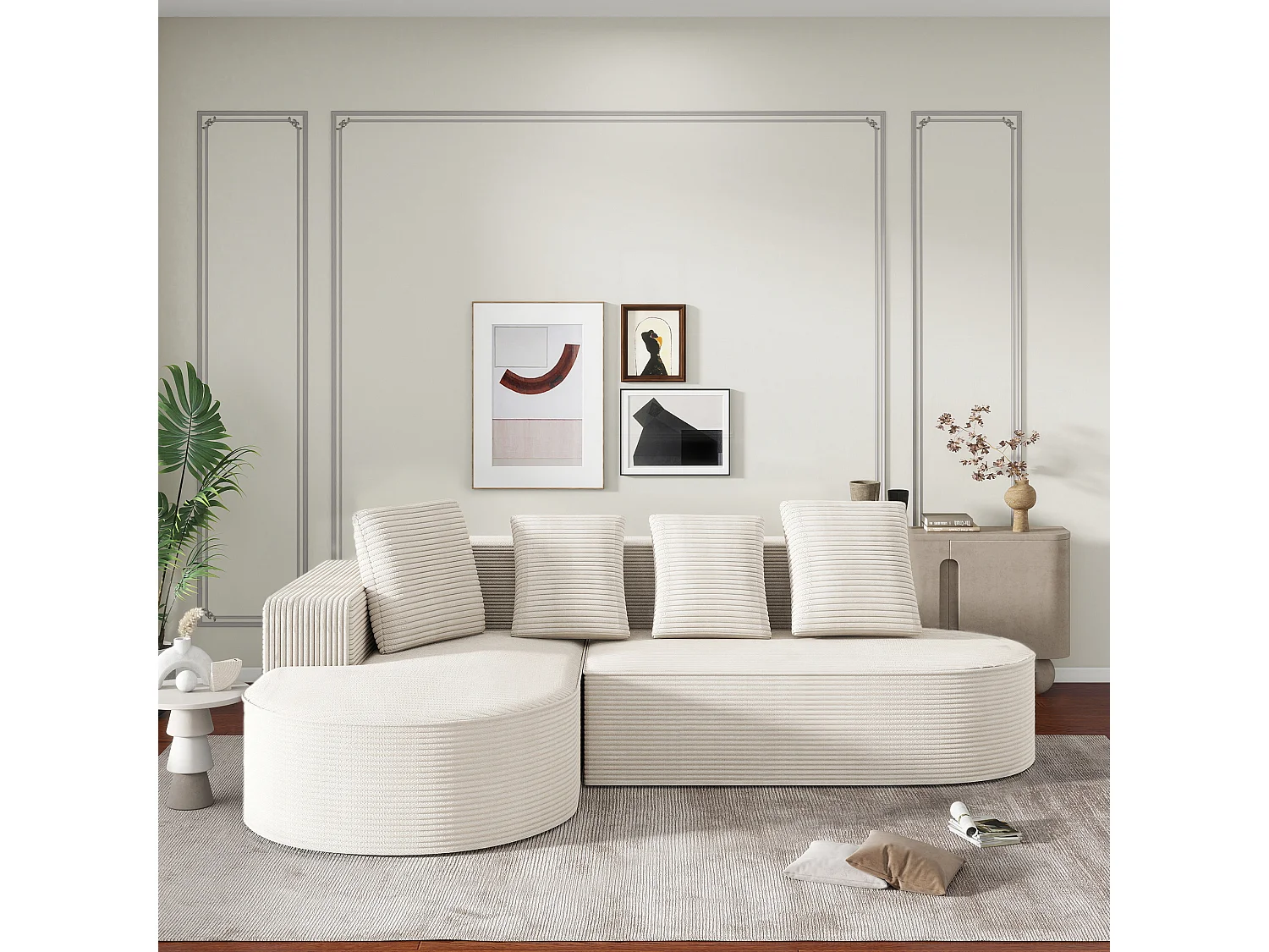 Combinación de sofá modular Cloud + L-Lounge, diseño moderno, tejido de pana, color blanco, con cojines (265x67x40,5 cm)