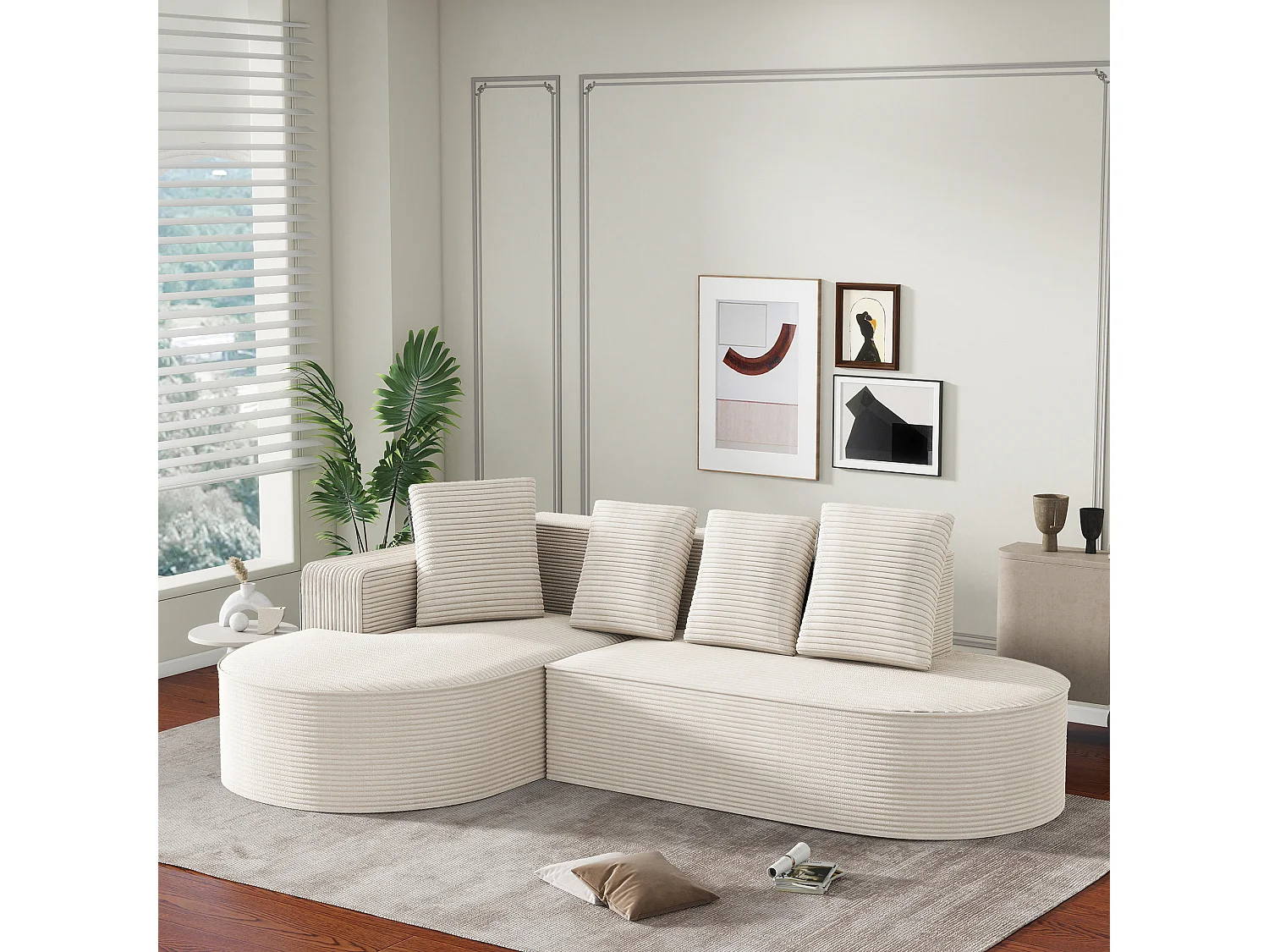 Combinación de sofá modular Cloud + L-Lounge, diseño moderno, tejido de pana, color blanco, con cojines (265x67x40,5 cm)