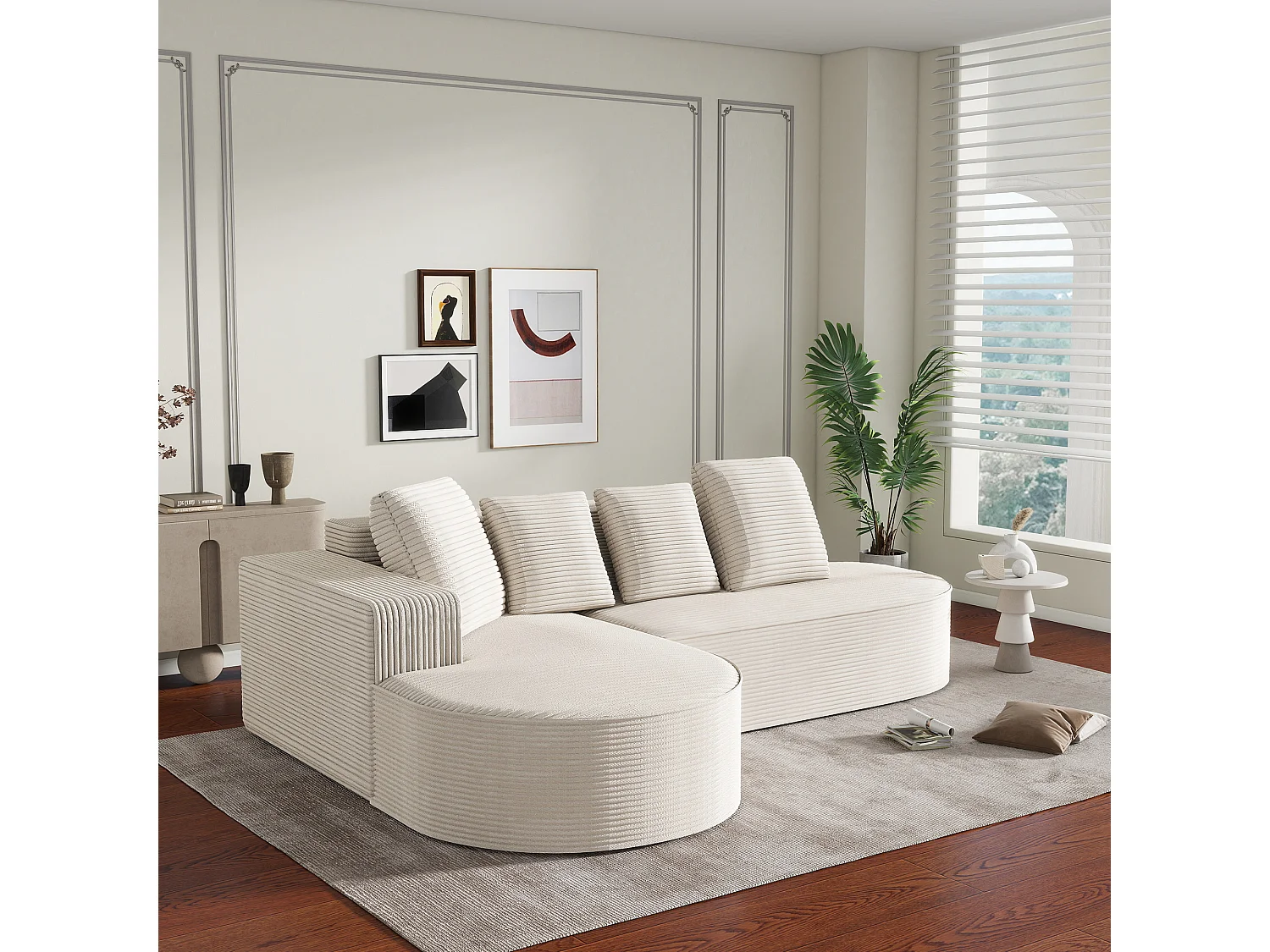 Combinación de sofá modular Cloud + L-Lounge, diseño moderno, tejido de pana, color blanco, con cojines (265x67x40,5 cm)