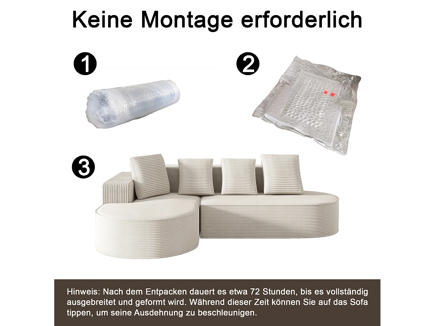 Combinación de sofá modular Cloud + L-Lounge, diseño moderno, tejido de pana, color blanco, con cojines (265x67x40,5 cm)