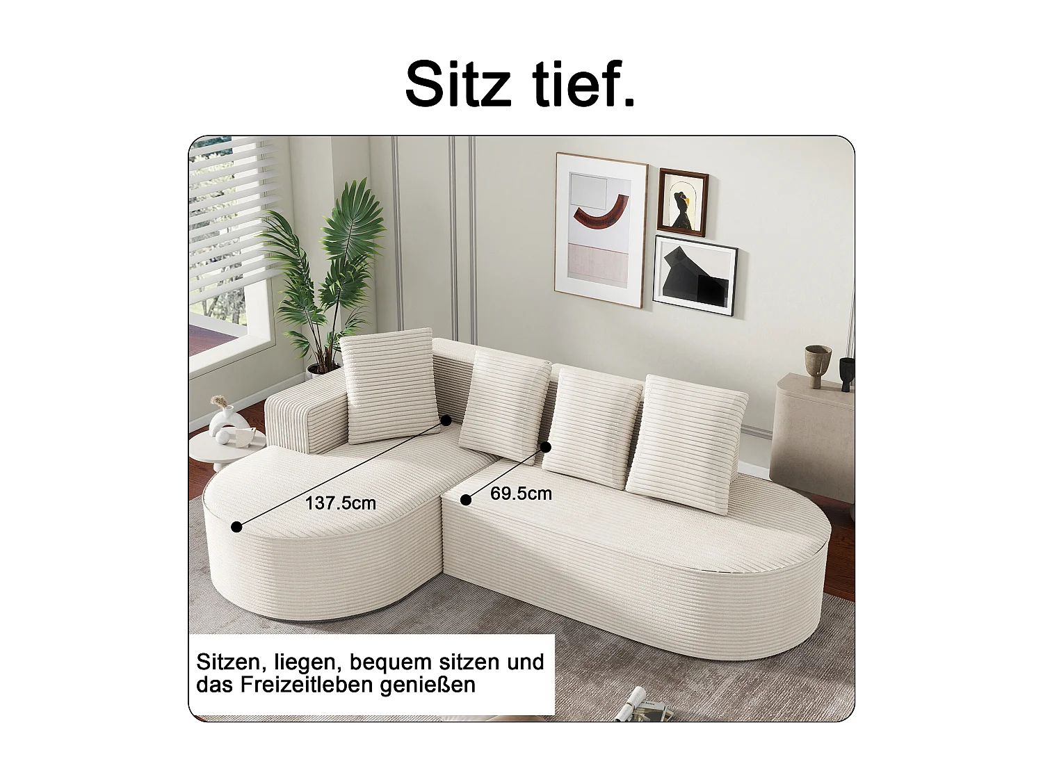 Combinación de sofá modular Cloud + L-Lounge, diseño moderno, tejido de pana, color blanco, con cojines (265x67x40,5 cm)
