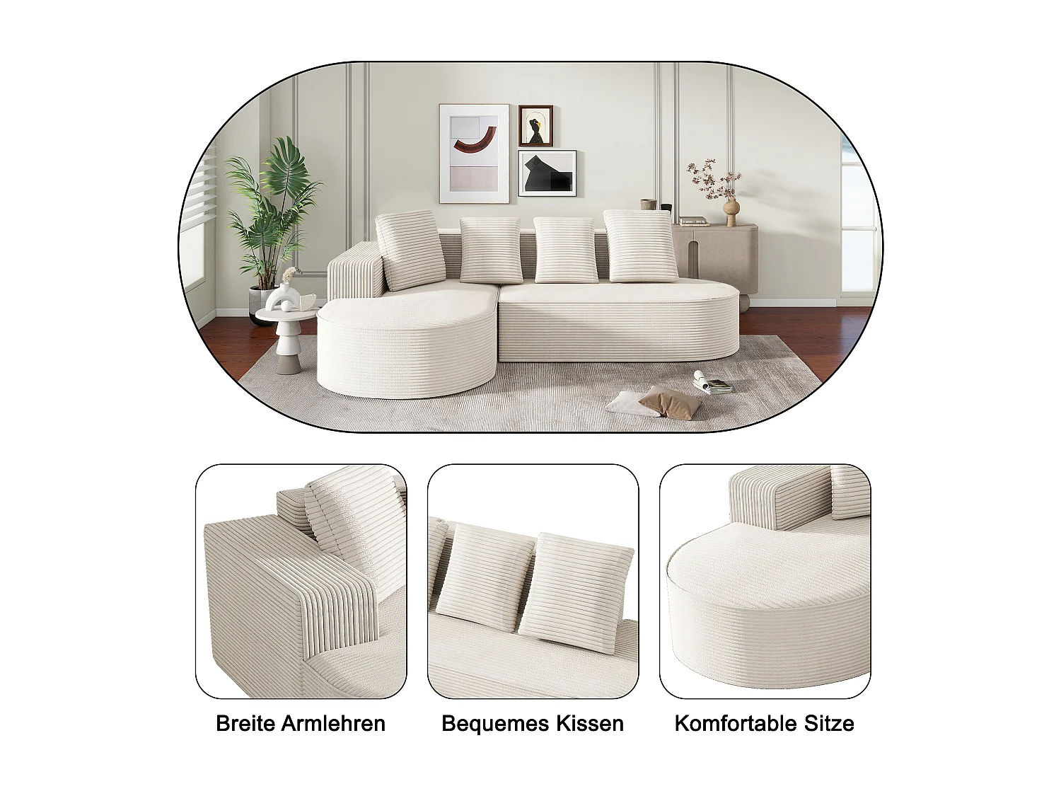 Combinación de sofá modular Cloud + L-Lounge, diseño moderno, tejido de pana, color blanco, con cojines (265x67x40,5 cm)