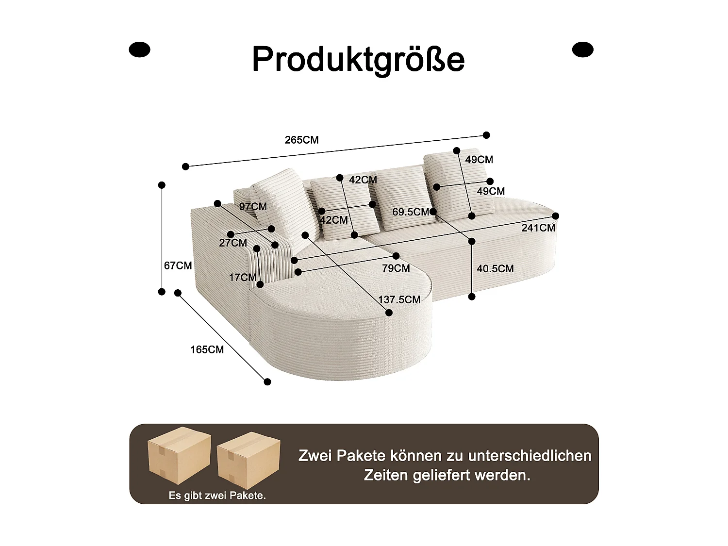 Combinación de sofá modular Cloud + L-Lounge, diseño moderno, tejido de pana, color blanco, con cojines (265x67x40,5 cm)