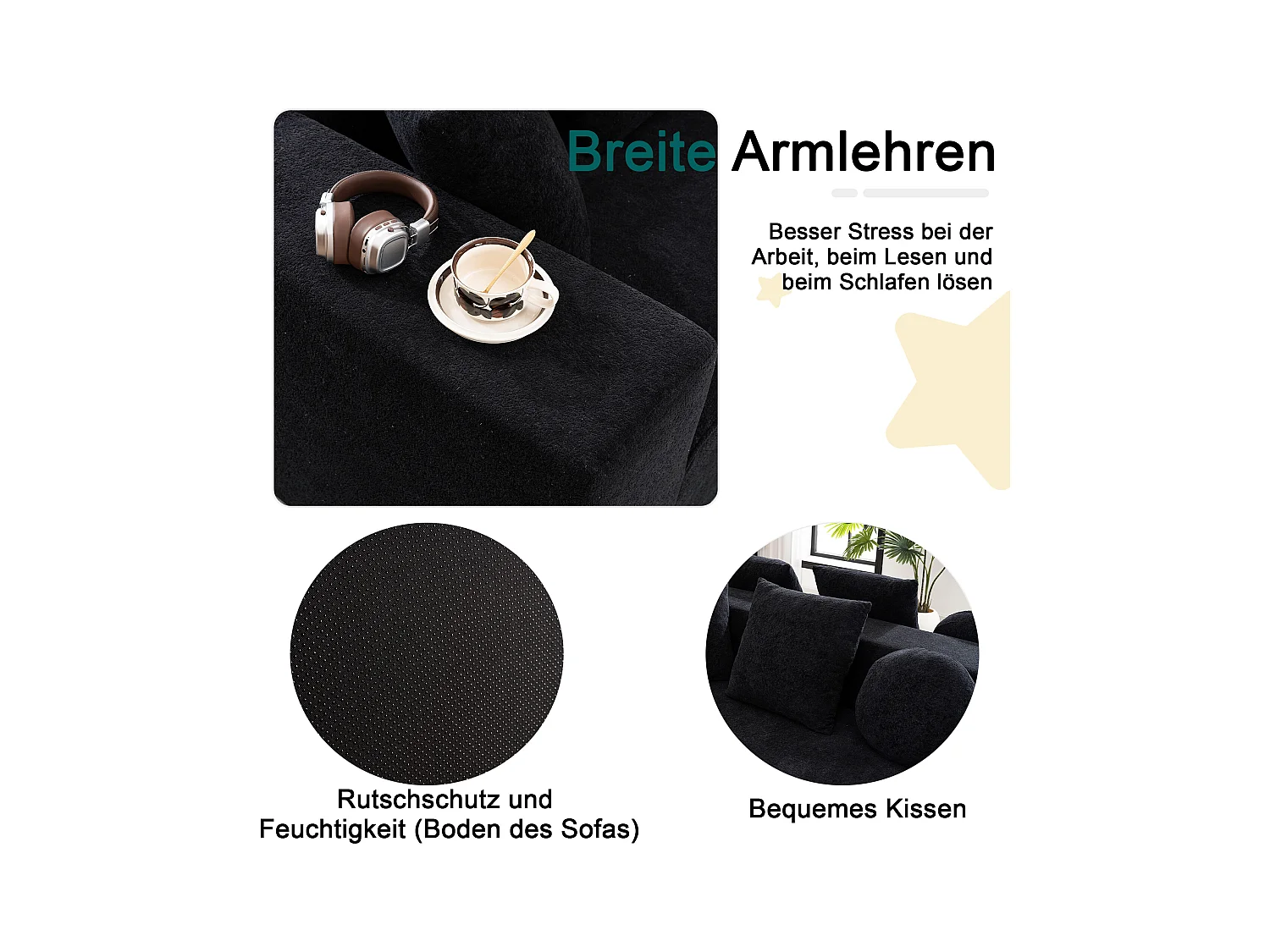 Canapé Modulable, Canapé Moderne en Tissu Chenille, Design Modularité, Noir (263x171x66 cm)