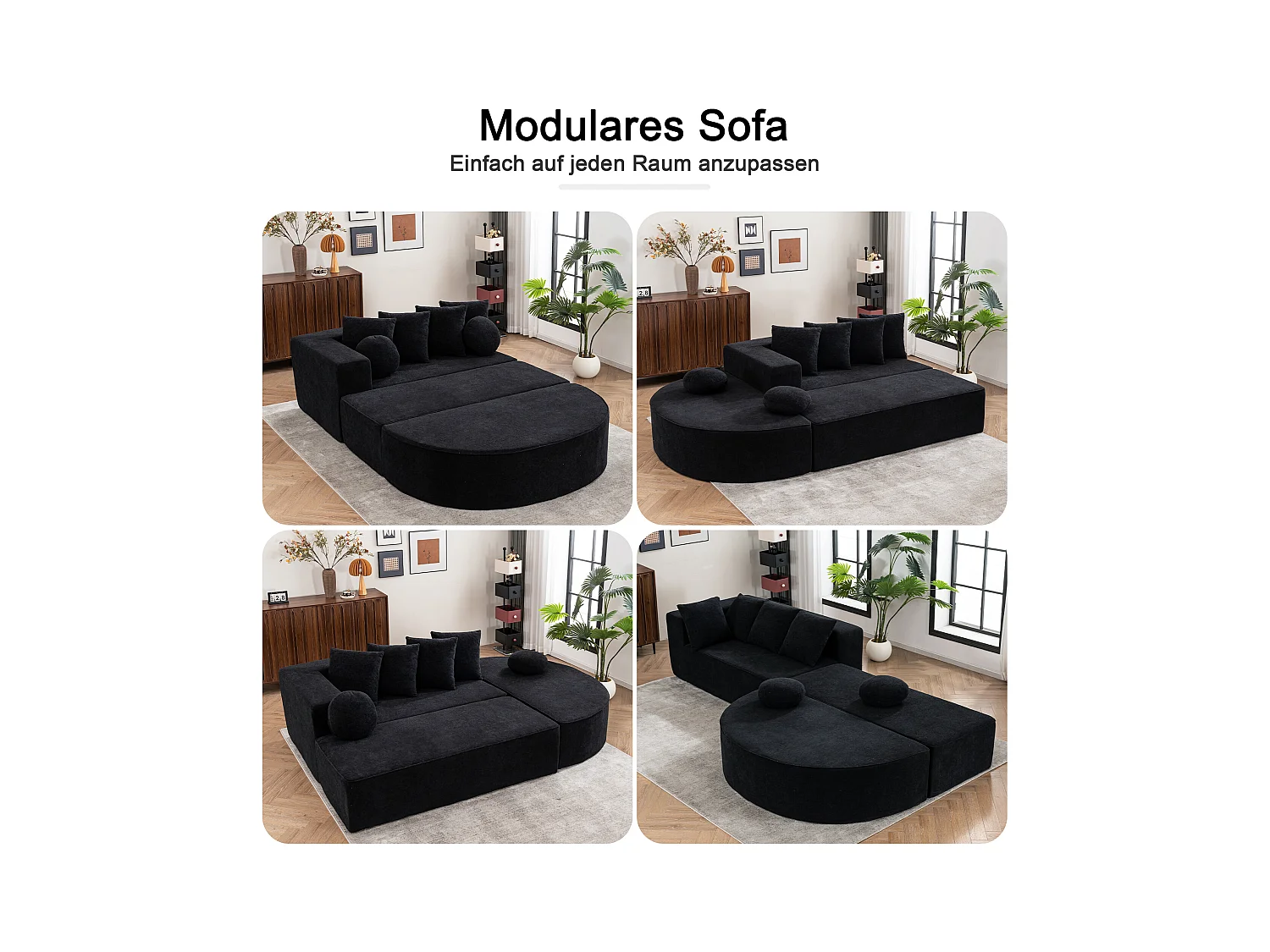 Modulaire bank, moderne chenille stoffen bank, modulair ontwerp, zwart (263x171x66 cm)