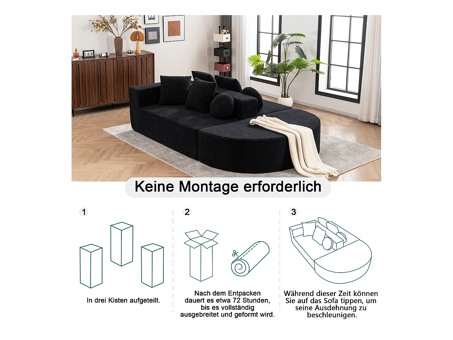 Modulaire bank, moderne chenille stoffen bank, modulair ontwerp, zwart (263x171x66 cm)