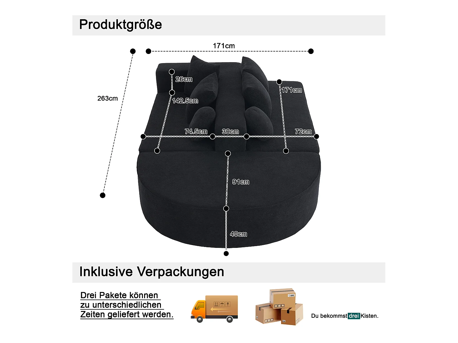Modulaire bank, moderne chenille stoffen bank, modulair ontwerp, zwart (263x171x66 cm)