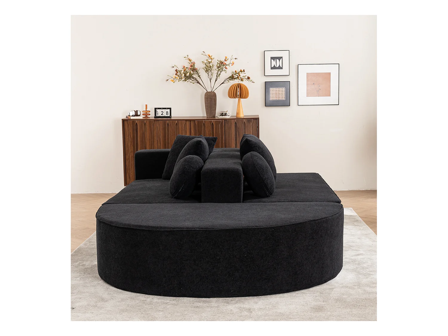 Modulaire bank, moderne chenille stoffen bank, modulair ontwerp, zwart (263x171x66 cm)