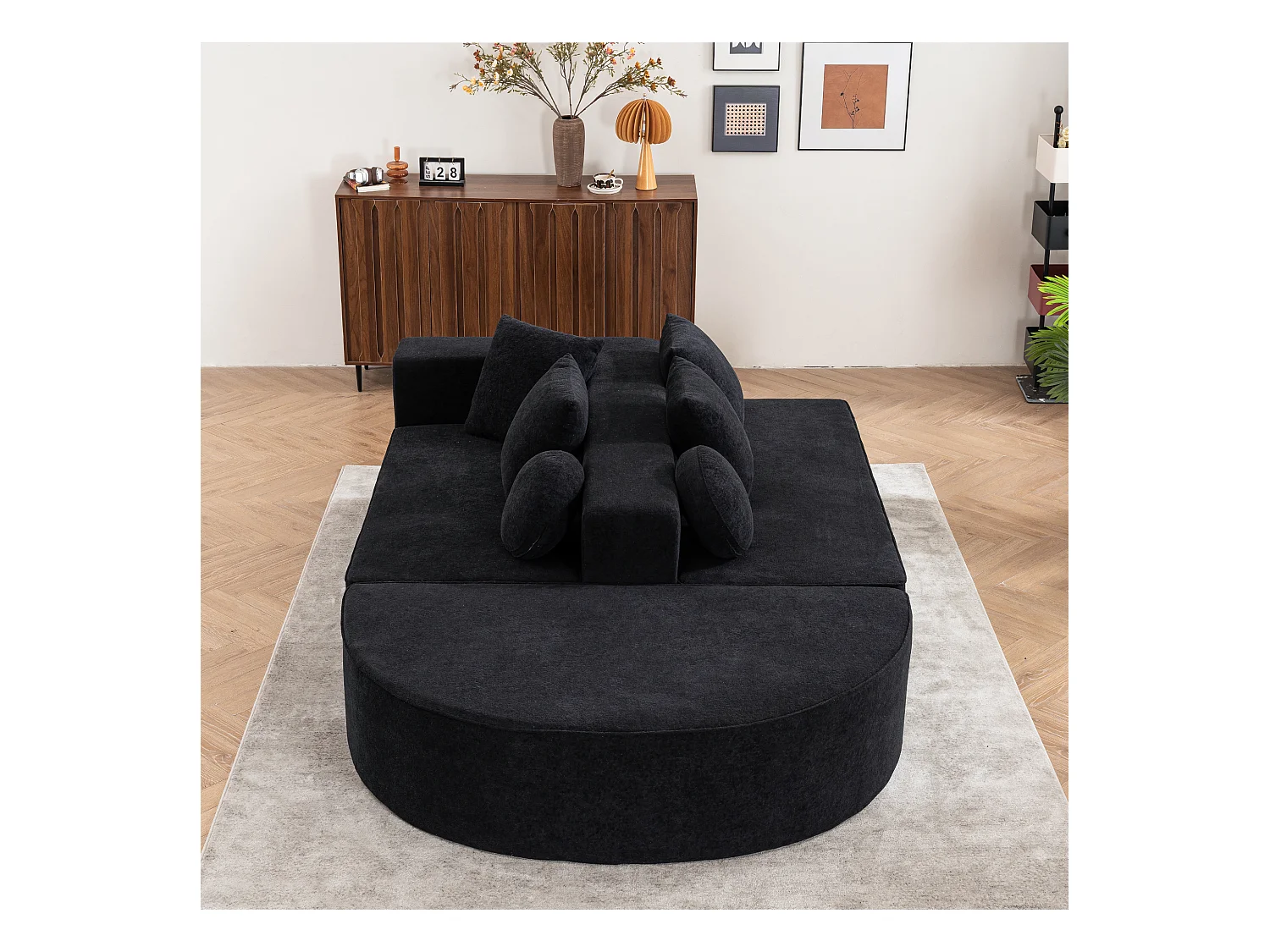 Modulaire bank, moderne chenille stoffen bank, modulair ontwerp, zwart (263x171x66 cm)