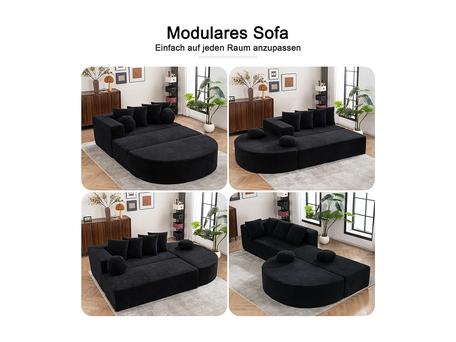 Canapé Modulable, Canapé Moderne en Tissu Chenille, Design Modularité, Noir (263x171x66 cm)