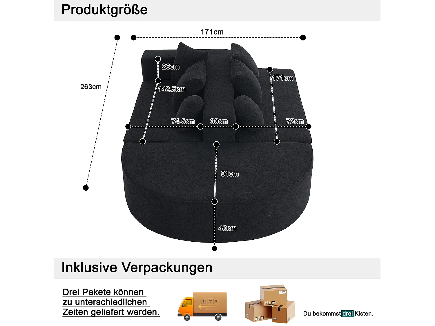 Canapé Modulable, Canapé Moderne en Tissu Chenille, Design Modularité, Noir (263x171x66 cm)