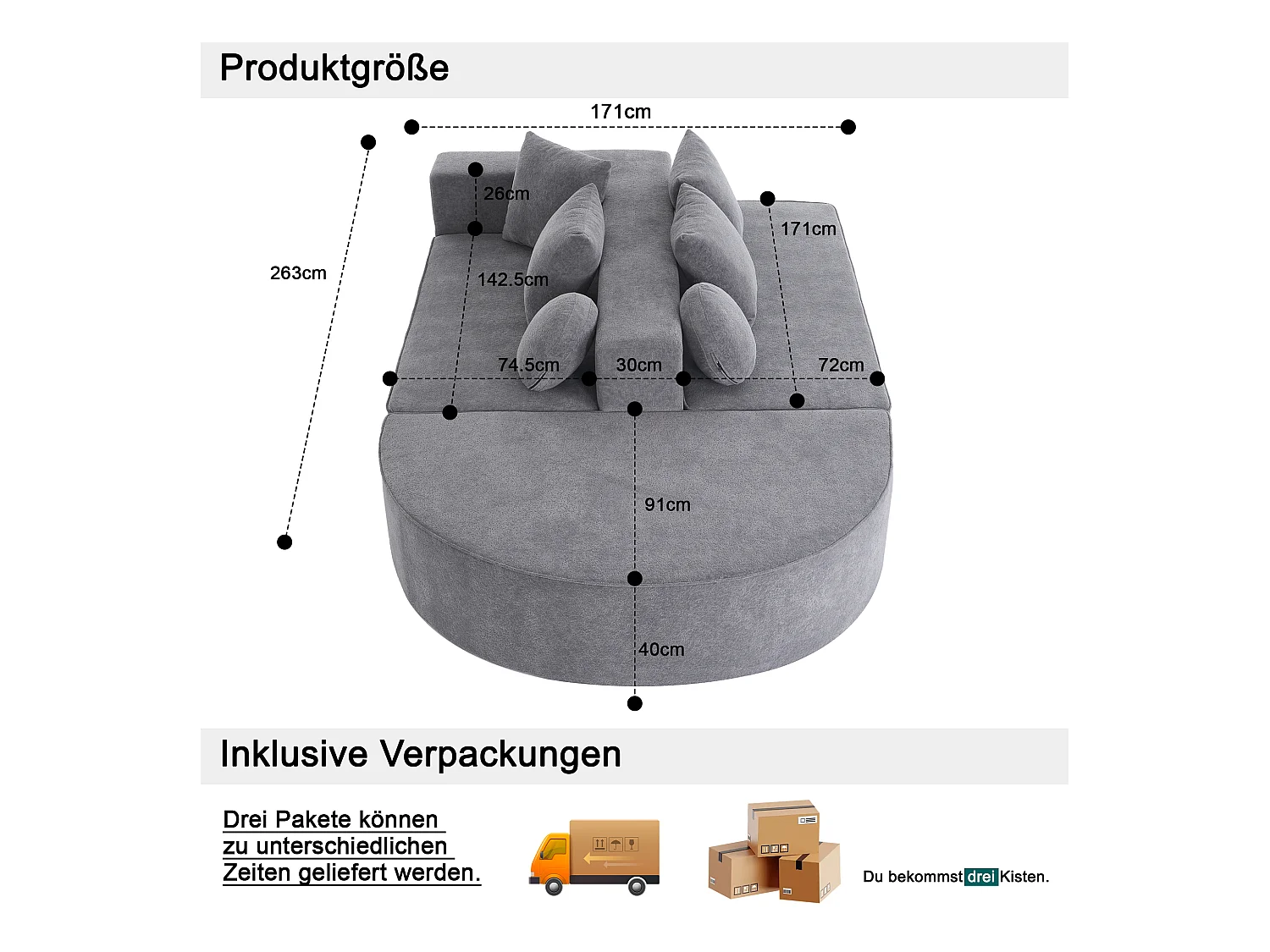 Canapé modulaire en tissu chenille, 5 places, design contemporain, gris (263x171x66cm)