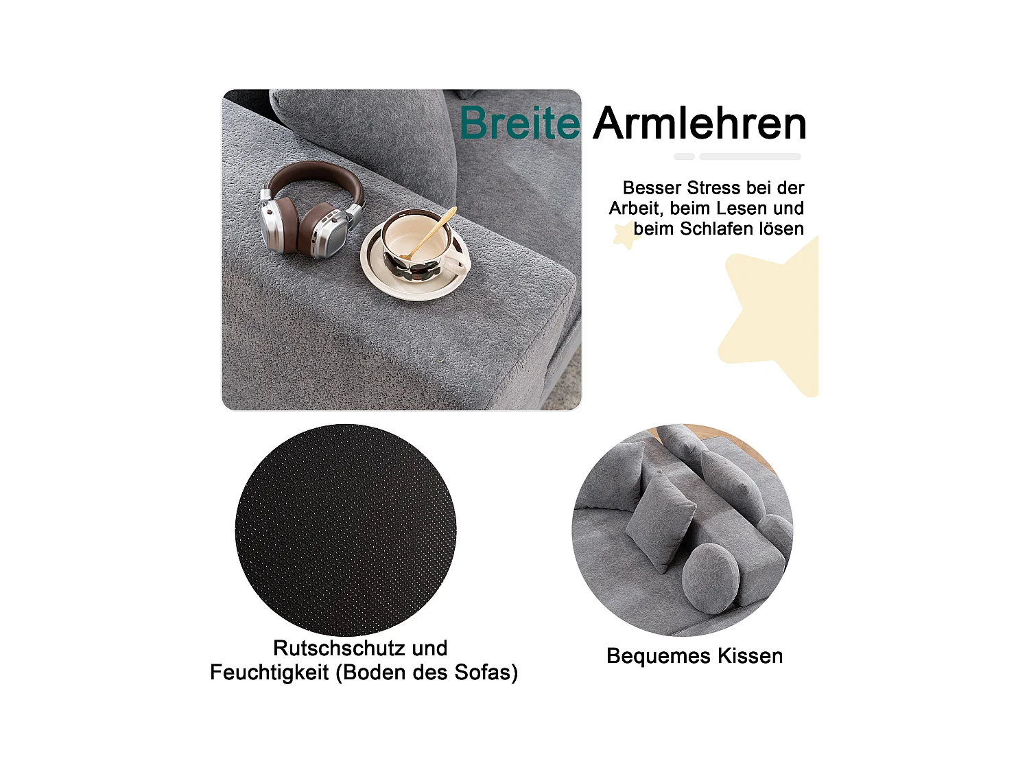 Canapé modulaire en tissu chenille, 5 places, design contemporain, gris (263x171x66cm)