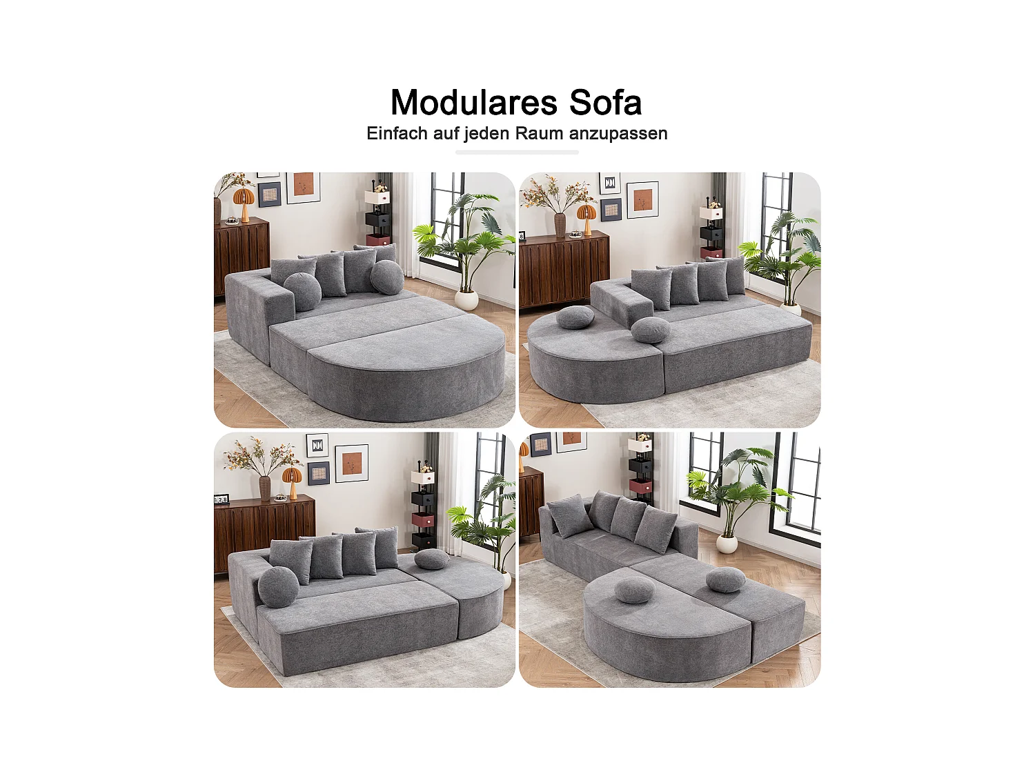 Canapé modulaire en tissu chenille, 5 places, design contemporain, gris (263x171x66cm)