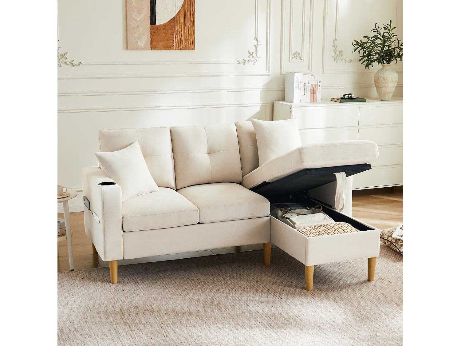 Canapé d'angle moderne 3 places avec chaise longue, tissu lin coton, beige, storage intégré et porte-gobelets (175x129x90cm)