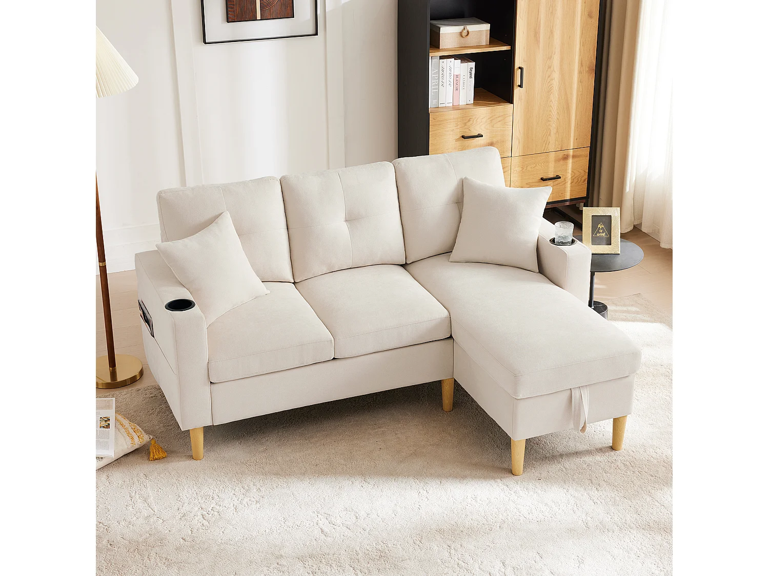 Canapé d'angle moderne 3 places avec chaise longue, tissu lin coton, beige, storage intégré et porte-gobelets (175x129x90cm)