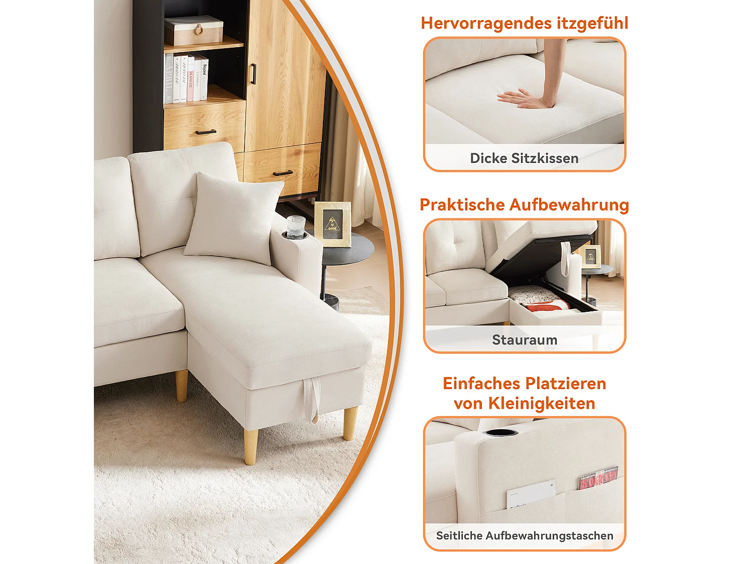 Canapé d'angle moderne 3 places avec chaise longue, tissu lin coton, beige, storage intégré et porte-gobelets (175x129x90cm)