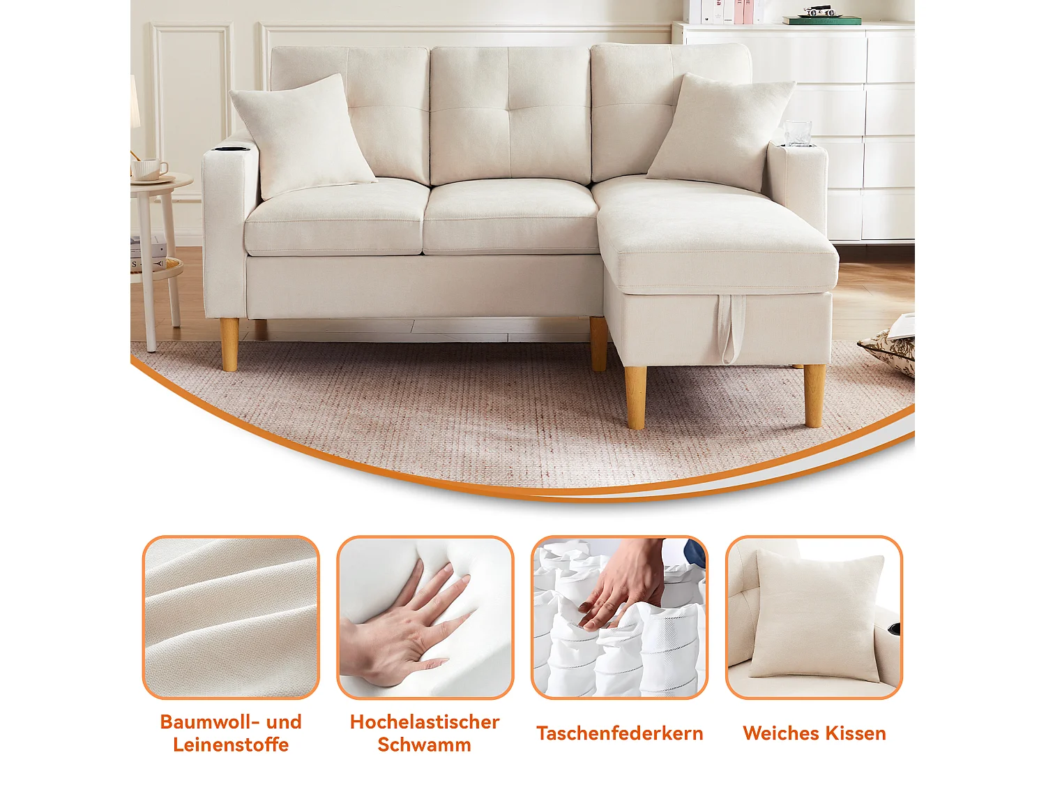 Canapé d'angle moderne 3 places avec chaise longue, tissu lin coton, beige, storage intégré et porte-gobelets (175x129x90cm)