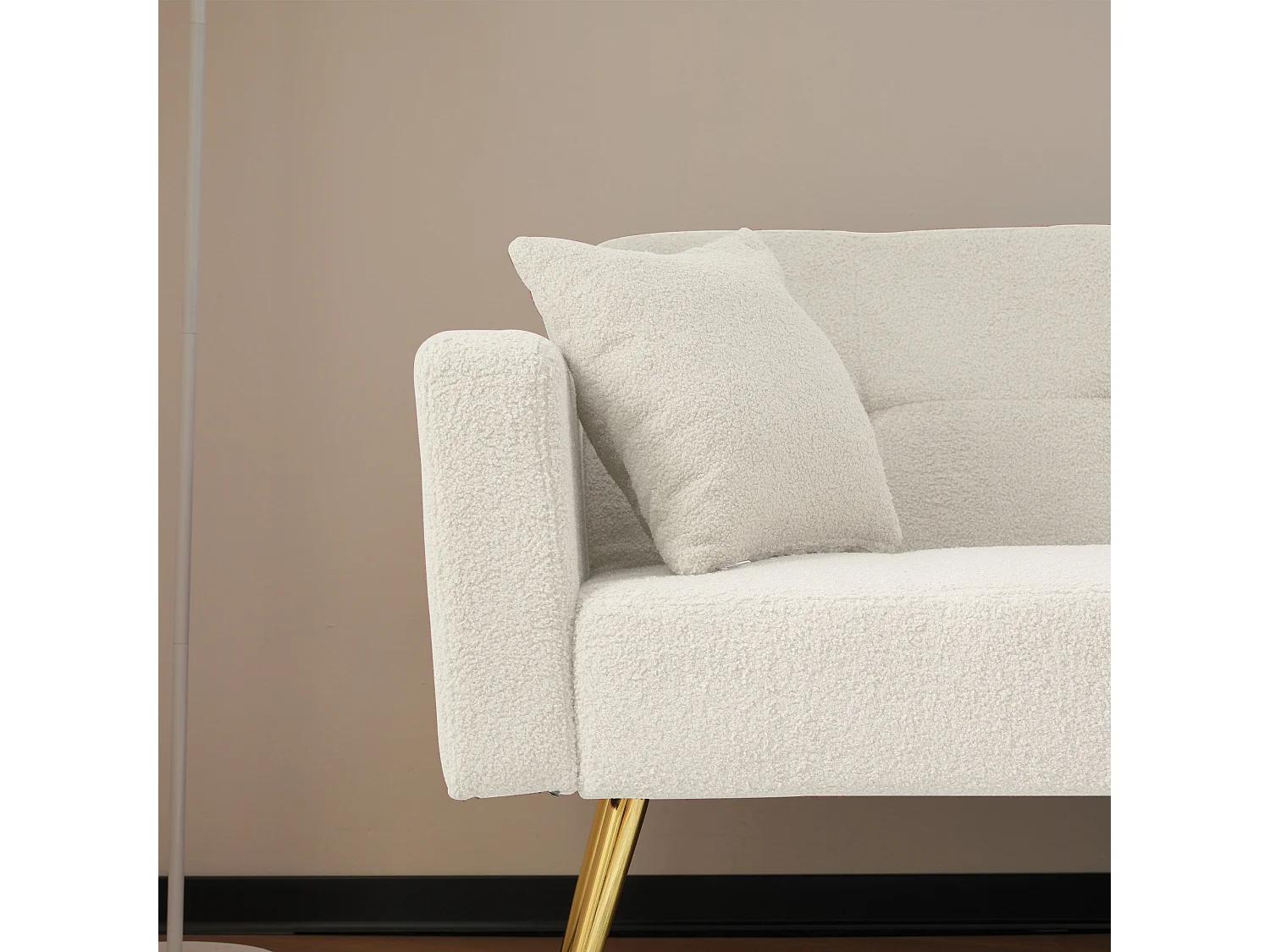 Canapé convertible avec fonction lit, angle réglable, pieds dorés, avec coussins et poches latérales (175x64x72 cm)