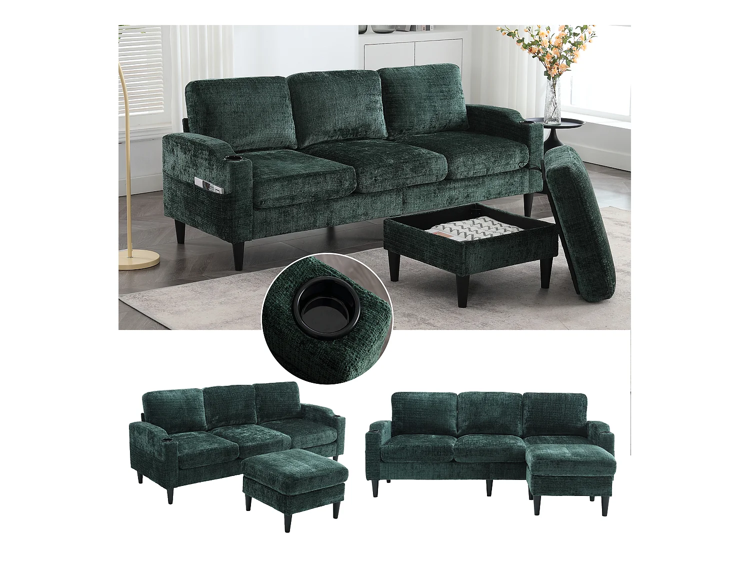 Divano a 4 posti con pouf e contenitore, ciniglia, smeraldo, comodi braccioli, portabicchieri (196,5x75x77 cm)