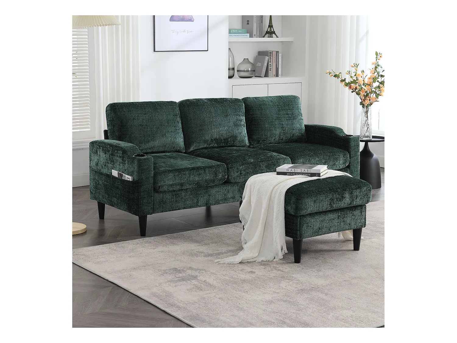 Divano a 4 posti con pouf e contenitore, ciniglia, smeraldo, comodi braccioli, portabicchieri (196,5x75x77 cm)