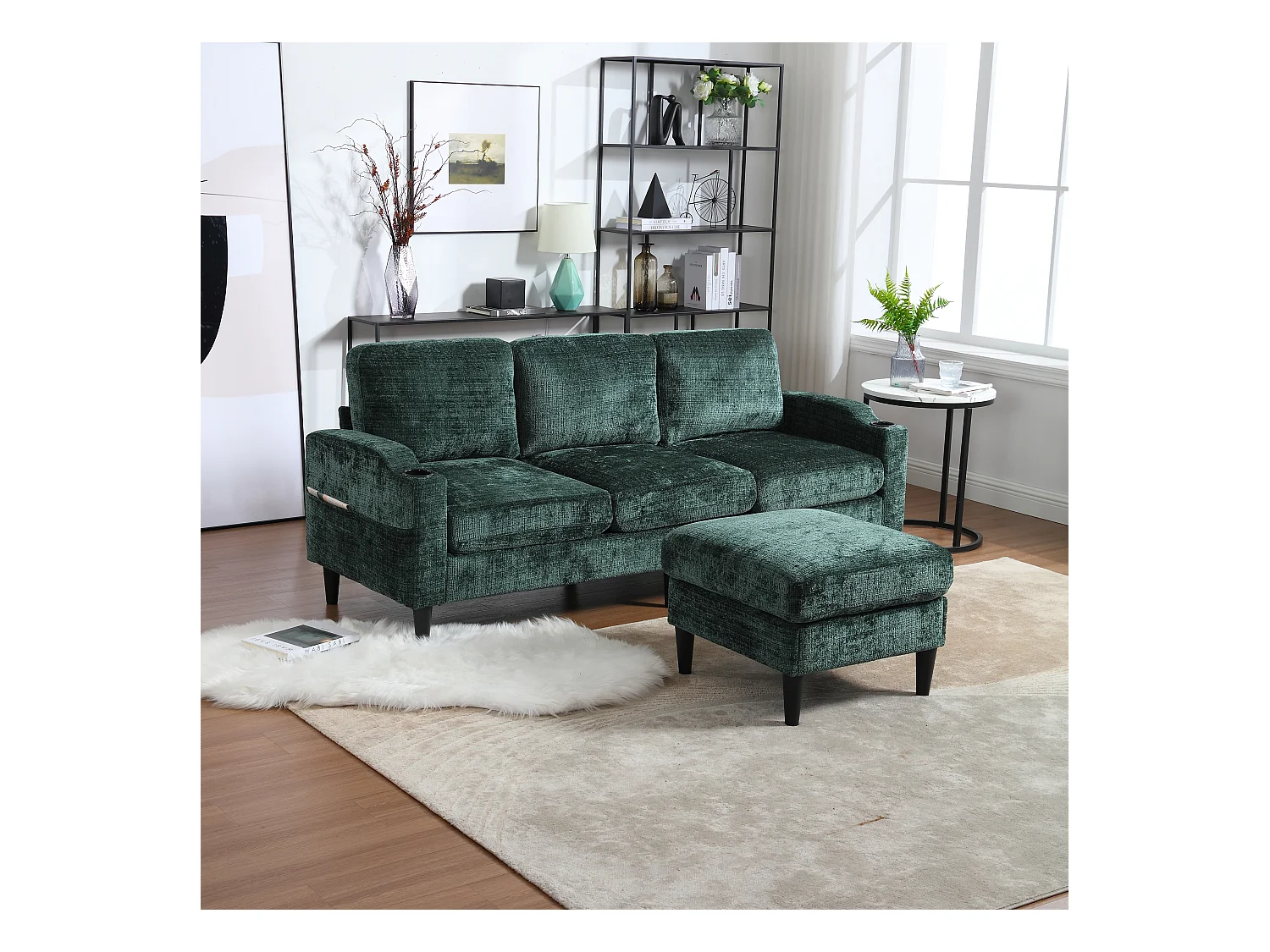 Divano a 4 posti con pouf e contenitore, ciniglia, smeraldo, comodi braccioli, portabicchieri (196,5x75x77 cm)