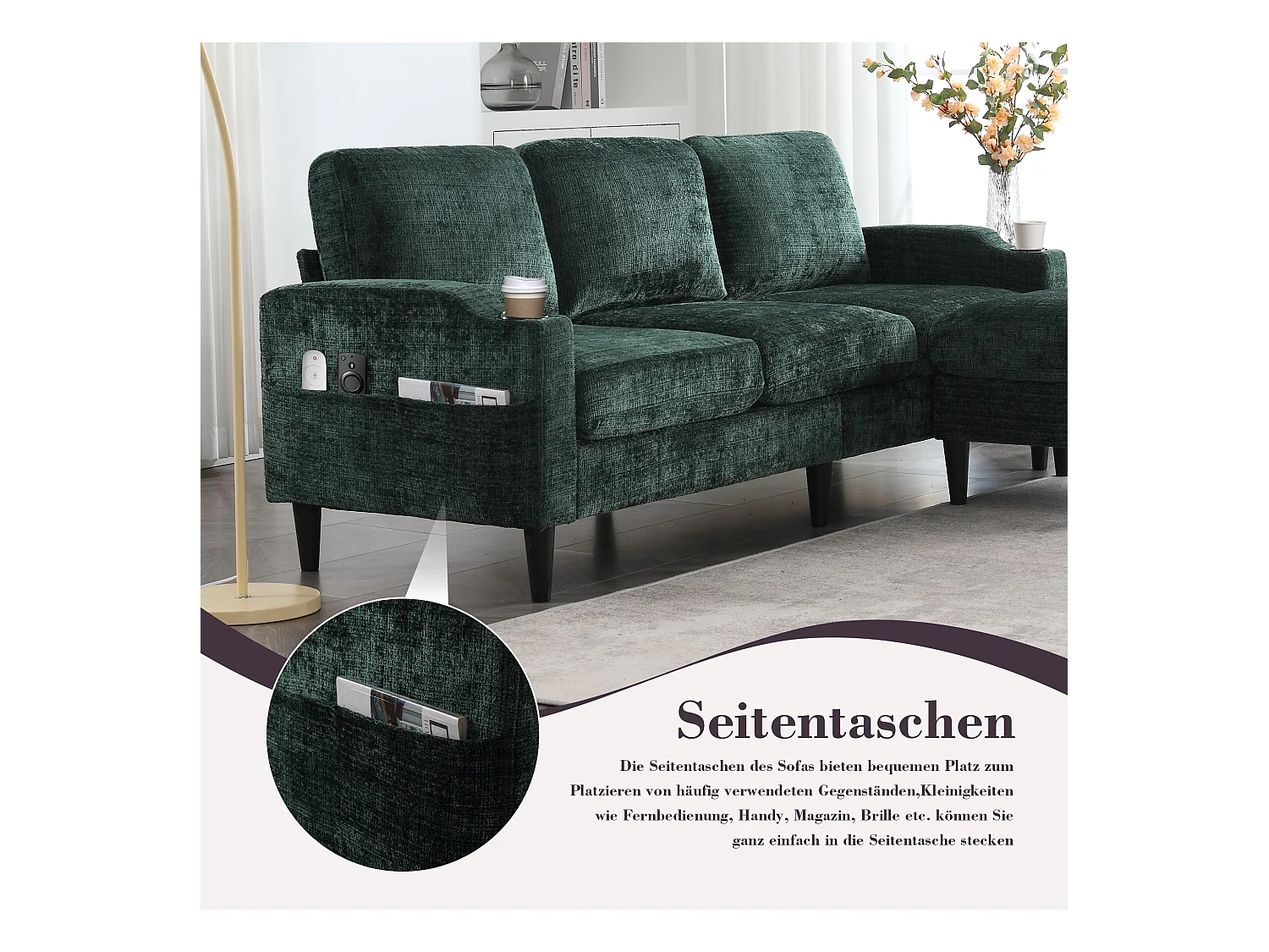 Divano a 4 posti con pouf e contenitore, ciniglia, smeraldo, comodi braccioli, portabicchieri (196,5x75x77 cm)