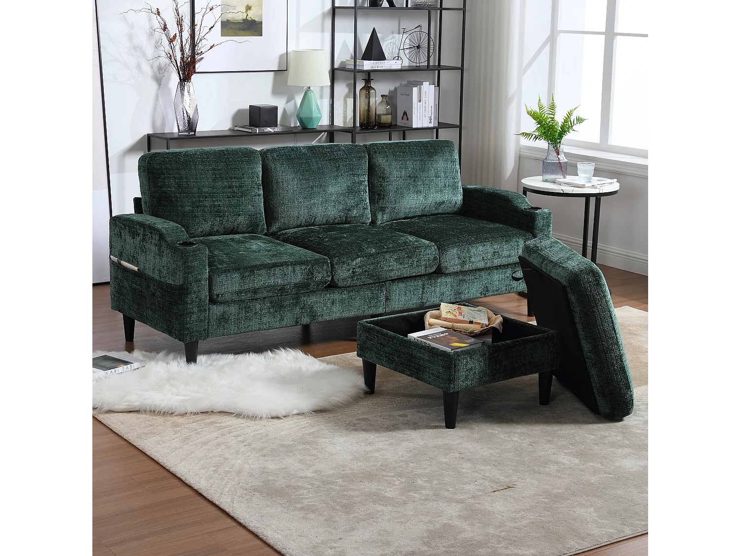 Divano a 4 posti con pouf e contenitore, ciniglia, smeraldo, comodi braccioli, portabicchieri (196,5x75x77 cm)