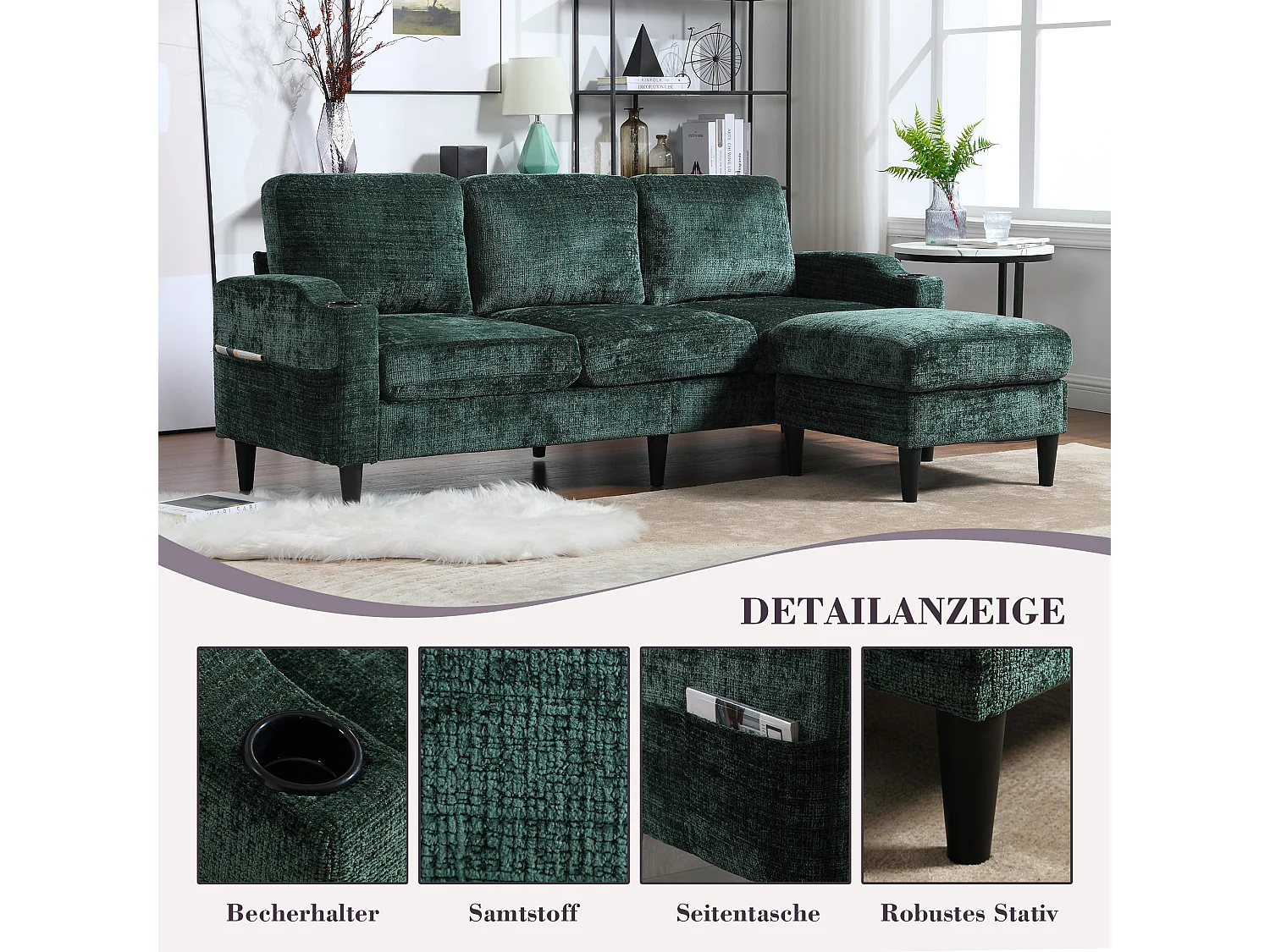 Divano a 4 posti con pouf e contenitore, ciniglia, smeraldo, comodi braccioli, portabicchieri (196,5x75x77 cm)