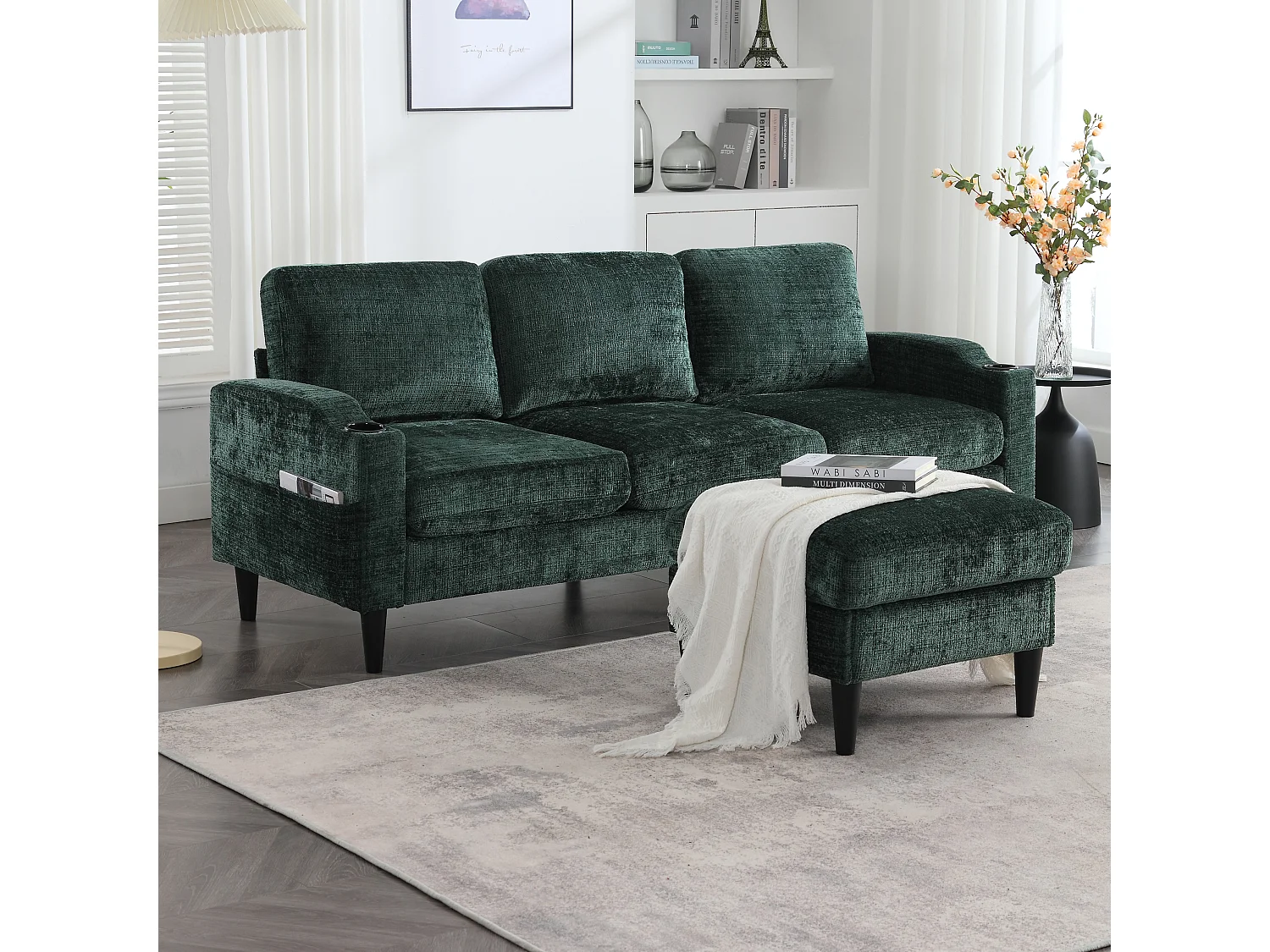 Canapé 4 places avec Pouf et Rangement, Chenille, Émeraude, Accoudoirs confortables, Porte-gobelets (196.5x75x77 cm)