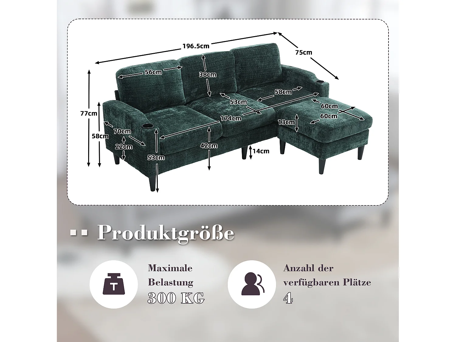 Canapé 4 places avec Pouf et Rangement, Chenille, Émeraude, Accoudoirs confortables, Porte-gobelets (196.5x75x77 cm)