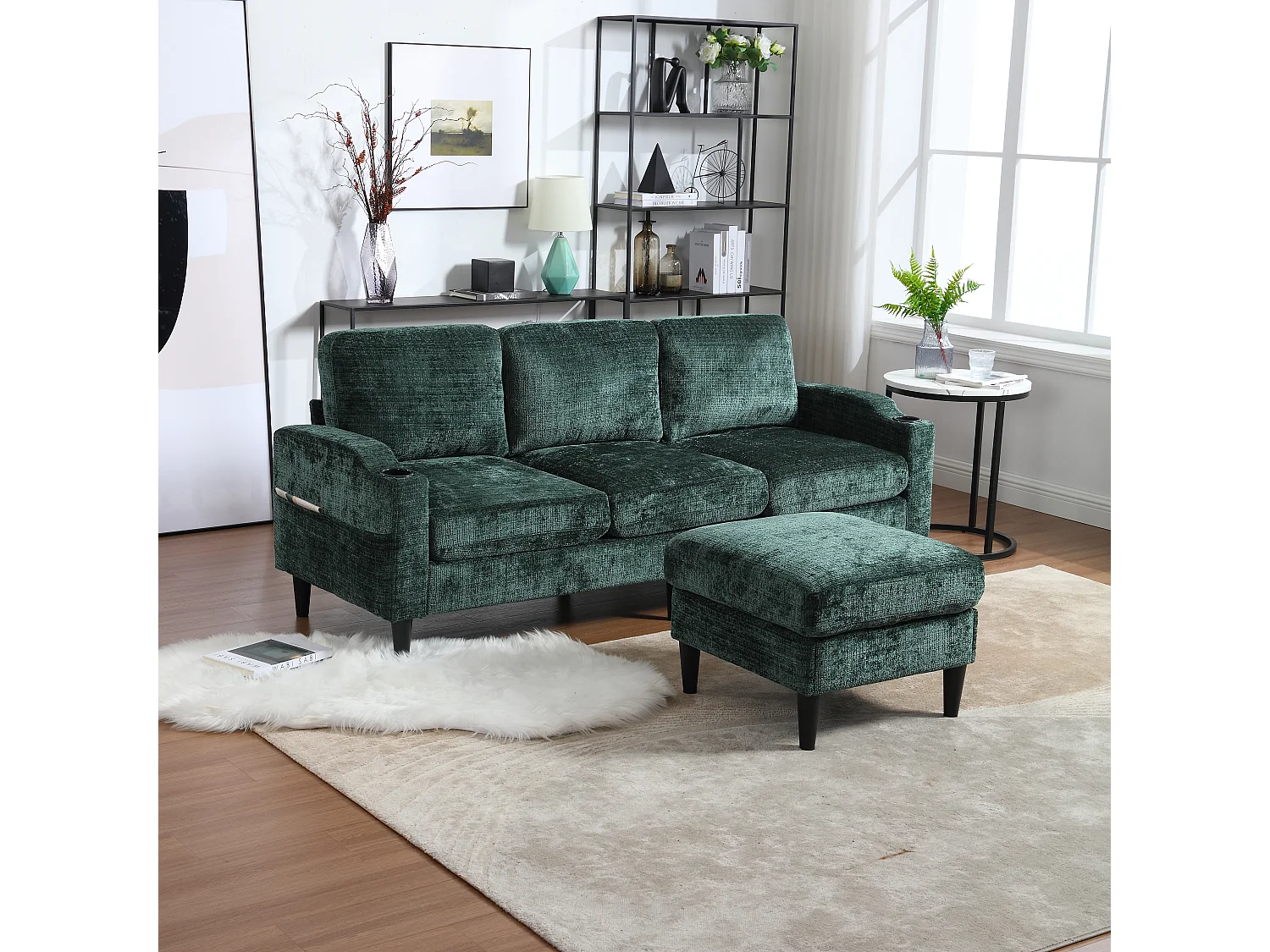 Canapé 4 places avec Pouf et Rangement, Chenille, Émeraude, Accoudoirs confortables, Porte-gobelets (196.5x75x77 cm)