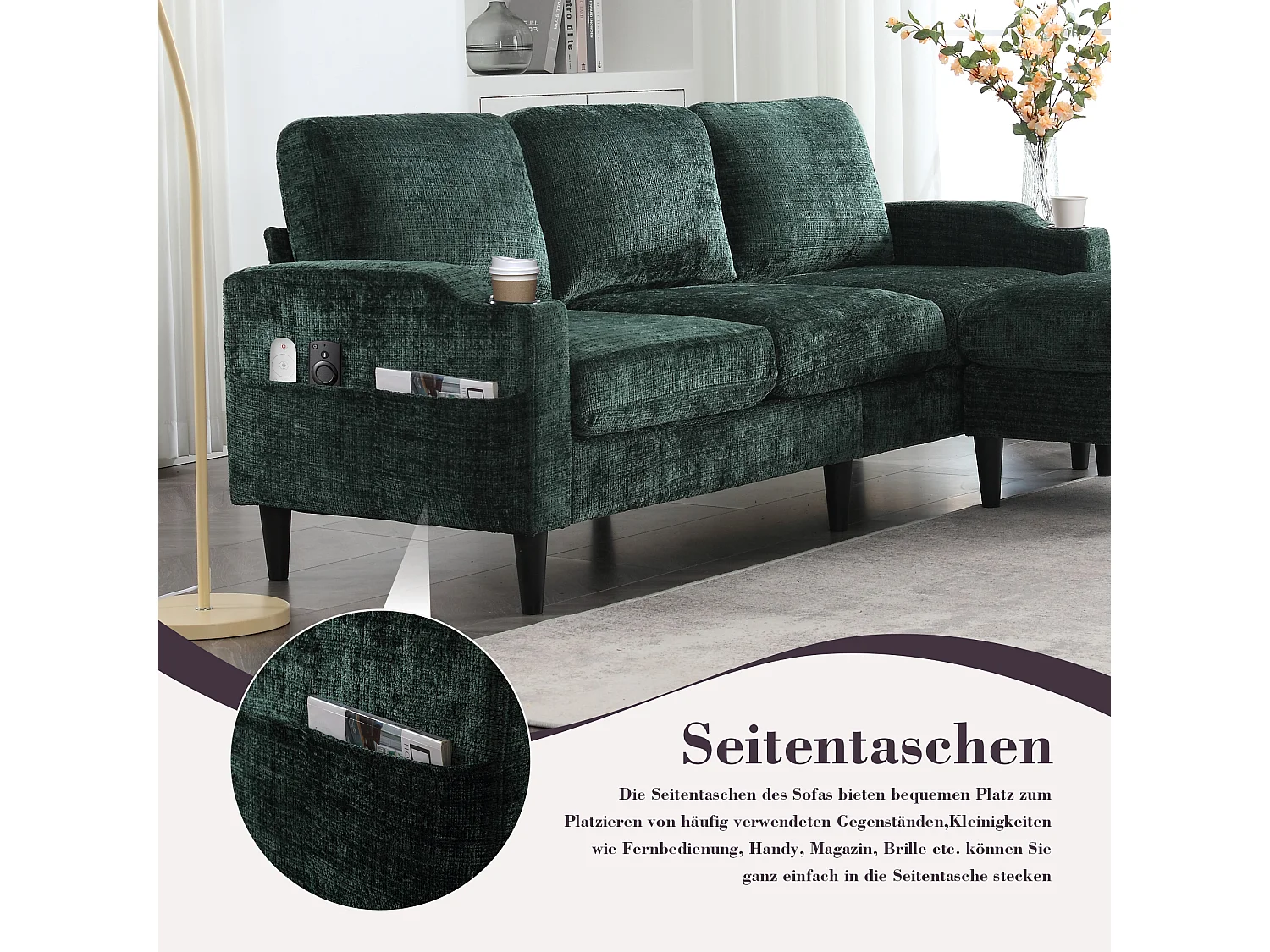 Canapé 4 places avec Pouf et Rangement, Chenille, Émeraude, Accoudoirs confortables, Porte-gobelets (196.5x75x77 cm)