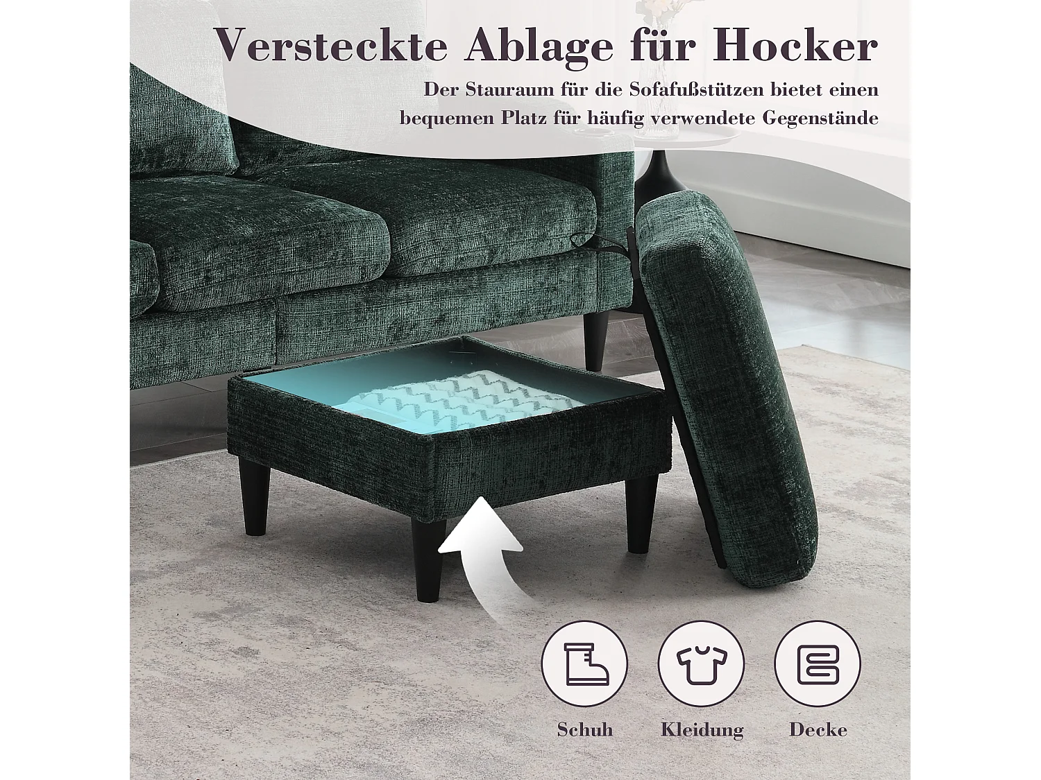 Canapé 4 places avec Pouf et Rangement, Chenille, Émeraude, Accoudoirs confortables, Porte-gobelets (196.5x75x77 cm)