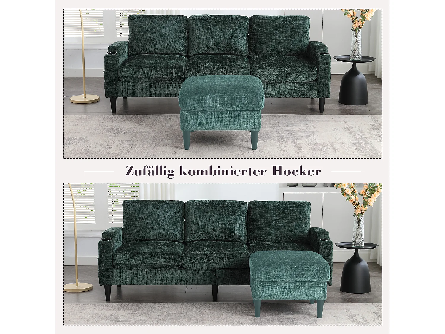 Canapé 4 places avec Pouf et Rangement, Chenille, Émeraude, Accoudoirs confortables, Porte-gobelets (196.5x75x77 cm)