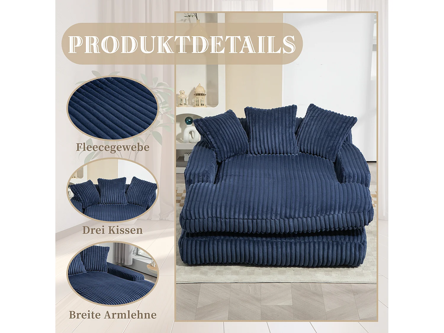 Canapé paresseux chenille, dossier haut, 3 coussins, intérieur/extérieur, bleu marine (125x155x63 cm)