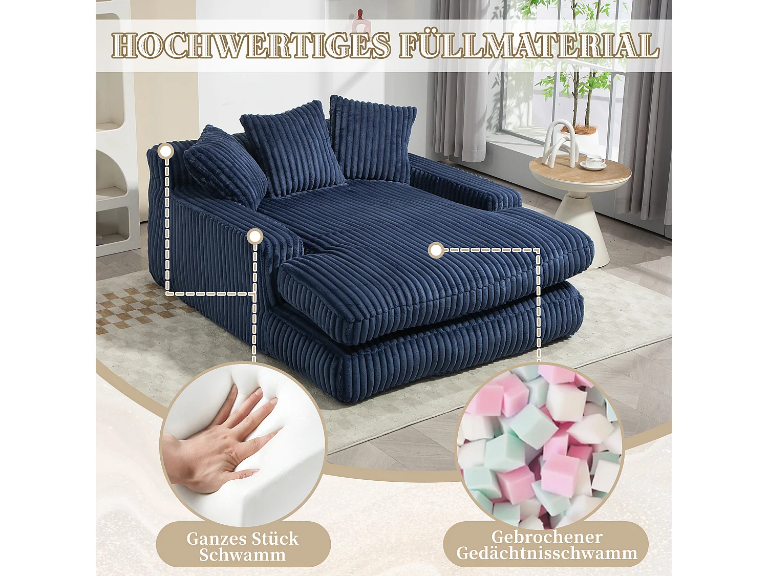 Canapé paresseux chenille, dossier haut, 3 coussins, intérieur/extérieur, bleu marine (125x155x63 cm)