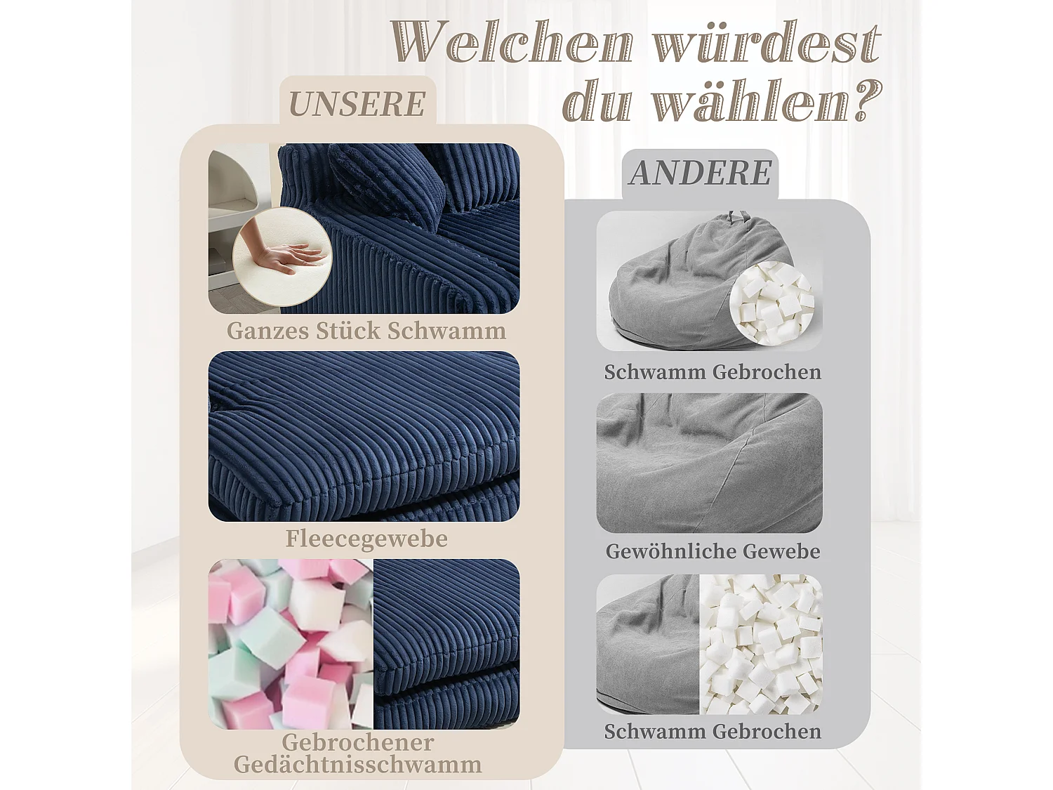 Canapé paresseux chenille, dossier haut, 3 coussins, intérieur/extérieur, bleu marine (125x155x63 cm)