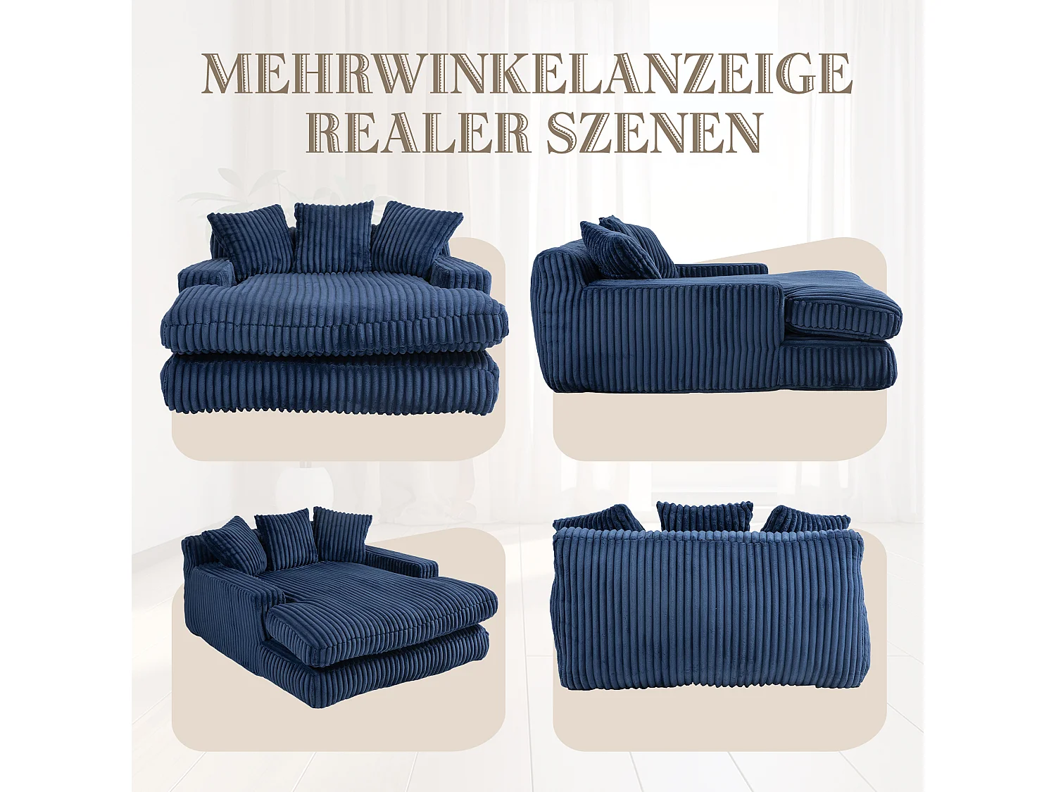 Canapé paresseux chenille, dossier haut, 3 coussins, intérieur/extérieur, bleu marine (125x155x63 cm)