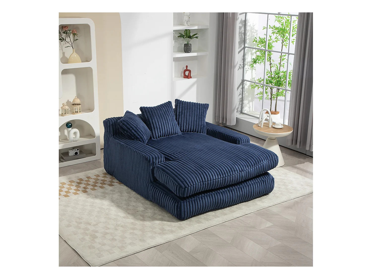 Canapé paresseux chenille, dossier haut, 3 coussins, intérieur/extérieur, bleu marine (125x155x63 cm)