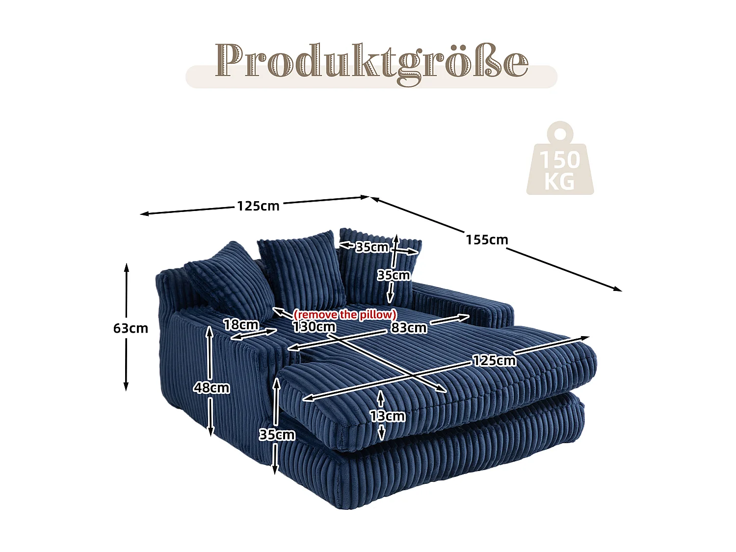 Luie Chenille-bank, hoge rugleuning, 3 kussens, binnen/buiten, marineblauw (125x155x63 cm)