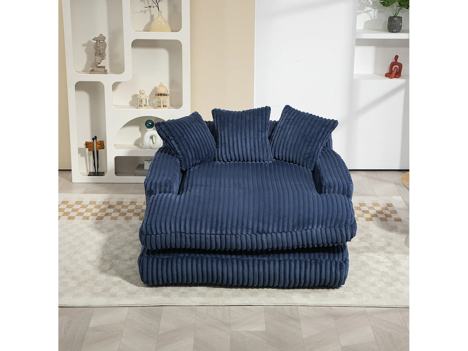 Luie Chenille-bank, hoge rugleuning, 3 kussens, binnen/buiten, marineblauw (125x155x63 cm)