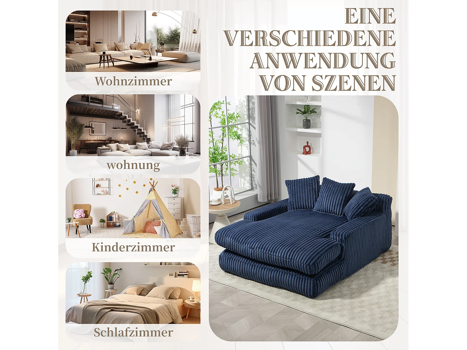 Divano Lazy Chenille, schienale alto, 3 cuscini, per interni/esterni, blu navy (125x155x63 cm)