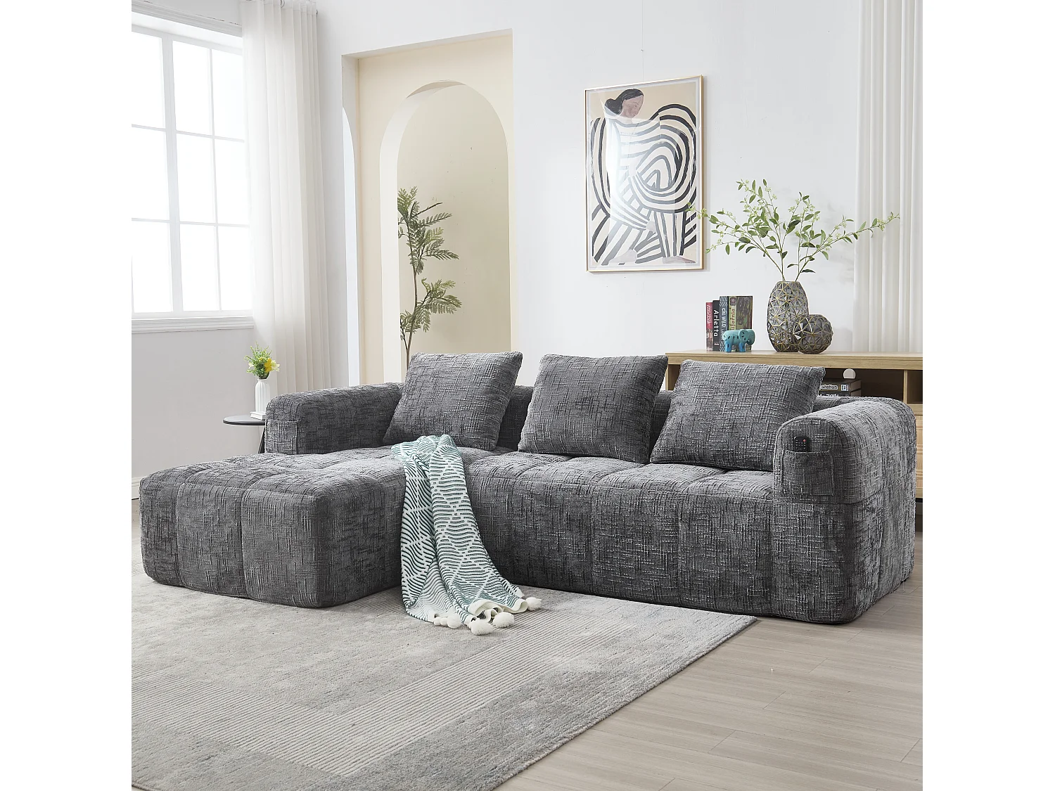 Canapé Sectionnel Moderne avec Chaiselongue, 3 places, Design en Chenille, Gris